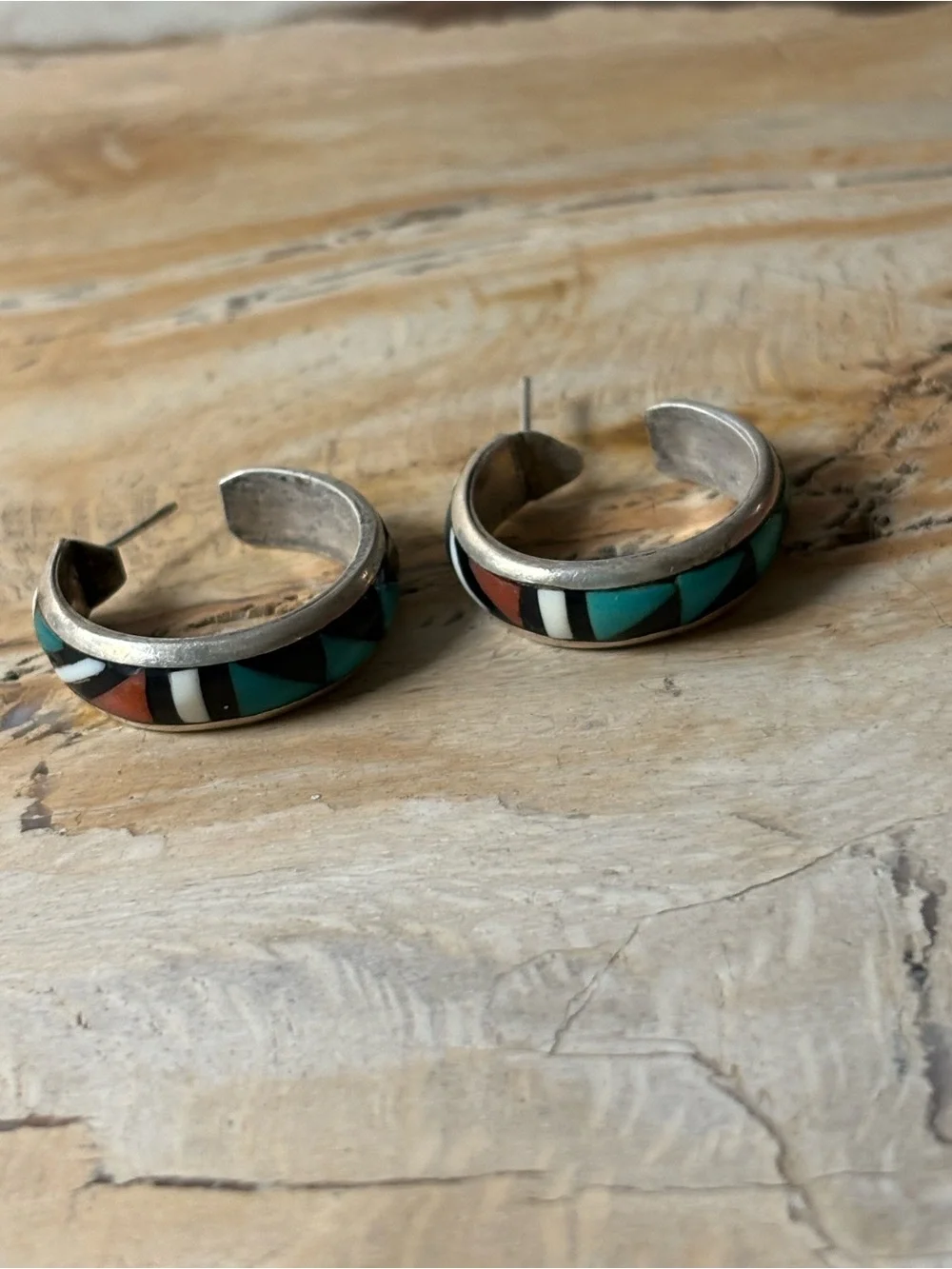 Sterling Silver Vintage Zuni Hoop Earrings with Turquoise, Coral & Black Inlay